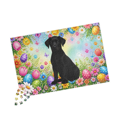 Doberman (Black) Easter Puppy Puzzle - Spring Flowers, Easter Eggs, and Butterflies