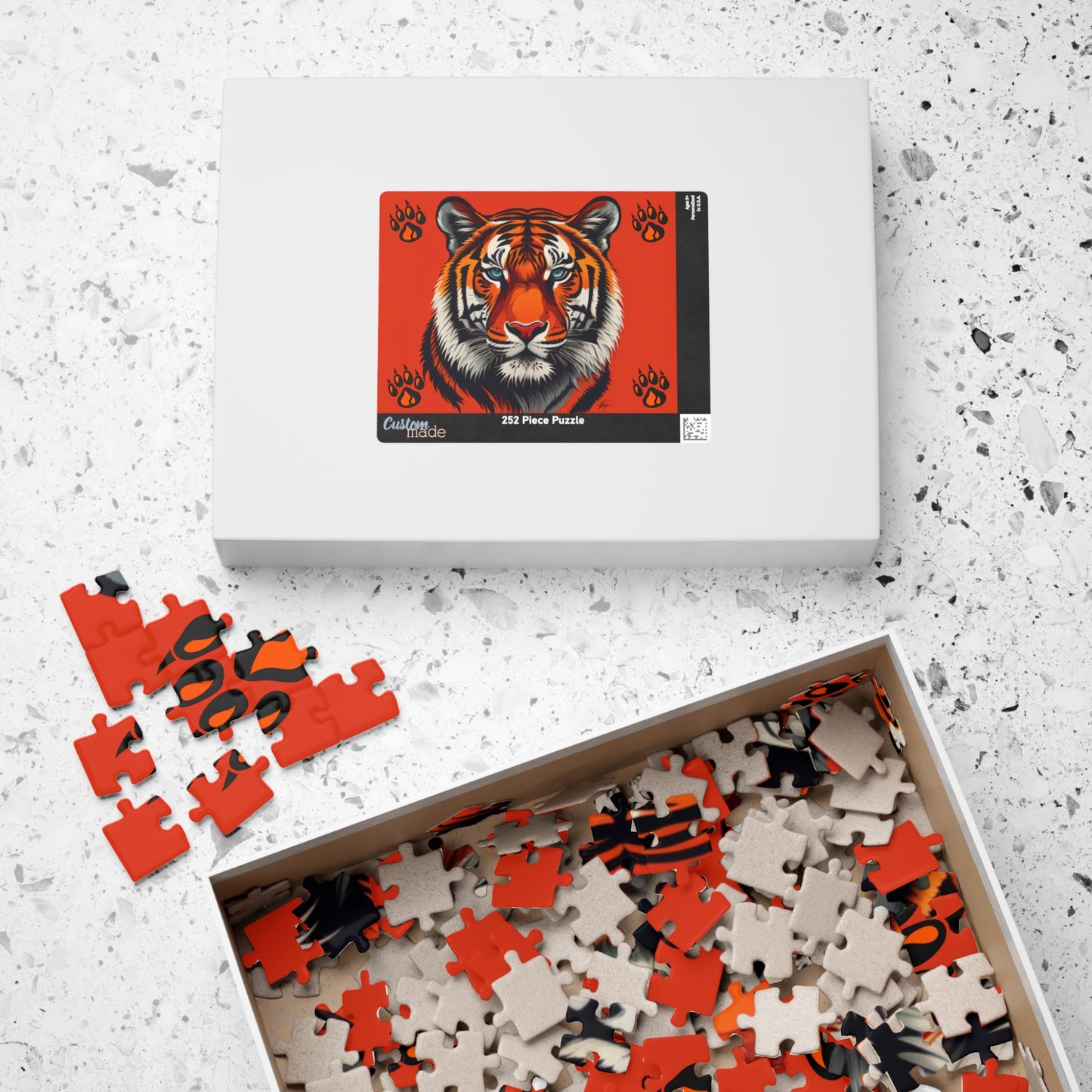 Wild Resilience - Tiger Portrait Puzzle with Paw Prints on Bold Red Background