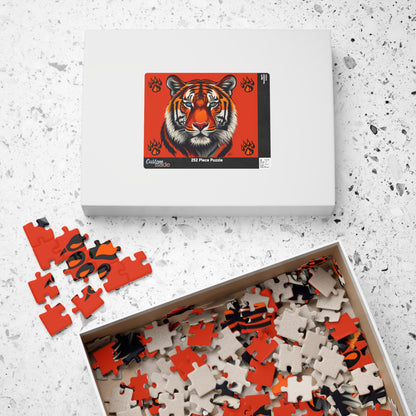 Wild Resilience - Tiger Portrait Puzzle with Paw Prints on Bold Red Background