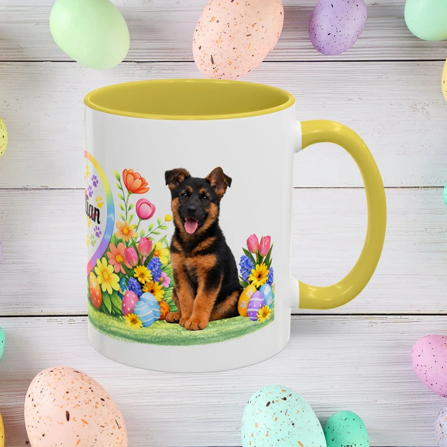 Shop our german shepherd black red puppy easter mug featuring the 15oz style option from MySisterIsASurvivor.