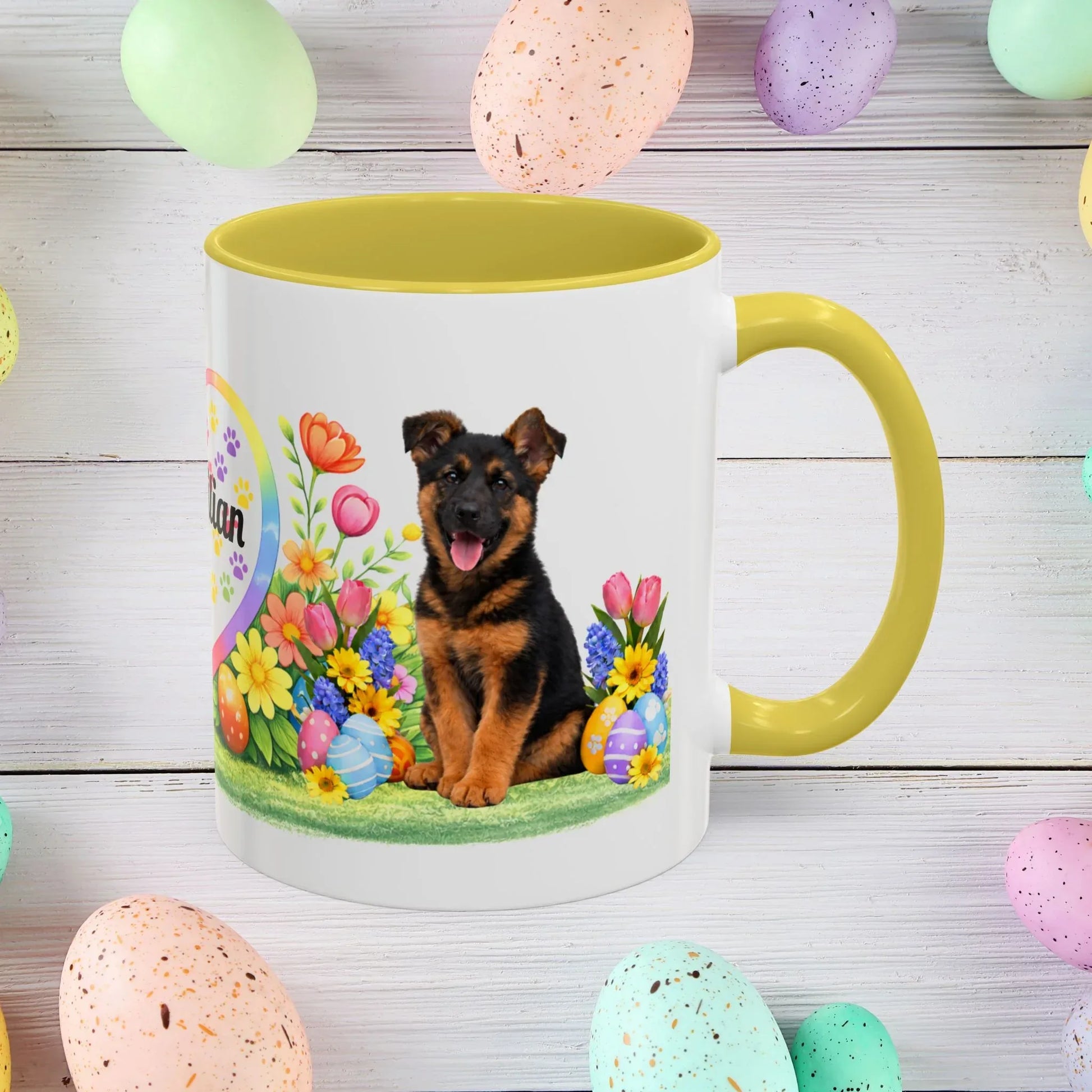 Shop our german shepherd black red puppy easter mug featuring the 15oz style option from MySisterIsASurvivor.