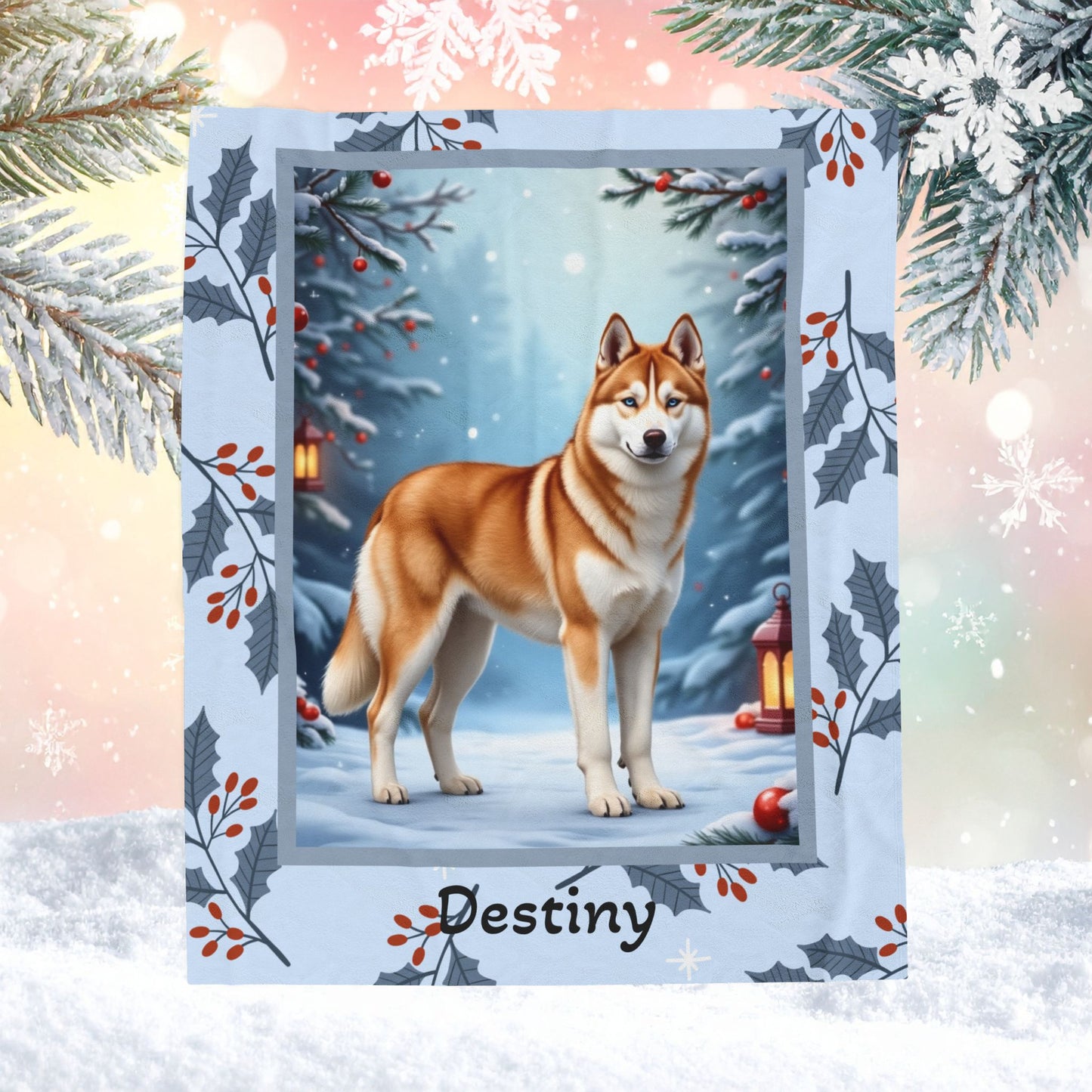 Husky Sable and White custom winter blanket featuring a Husky in a crisp illustrated lodge-style winter scene