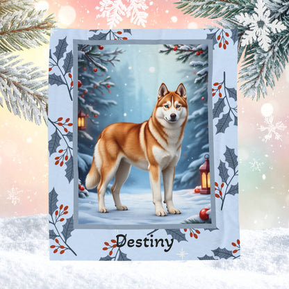 Husky Sable and White custom winter blanket featuring a Husky in a crisp illustrated lodge-style winter scene