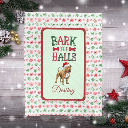 Pitbull (Buckskin) Personalized Velveteen Plush Blanket - "Bark The Halls" | Cozy Holiday Gift for Dog Lovers