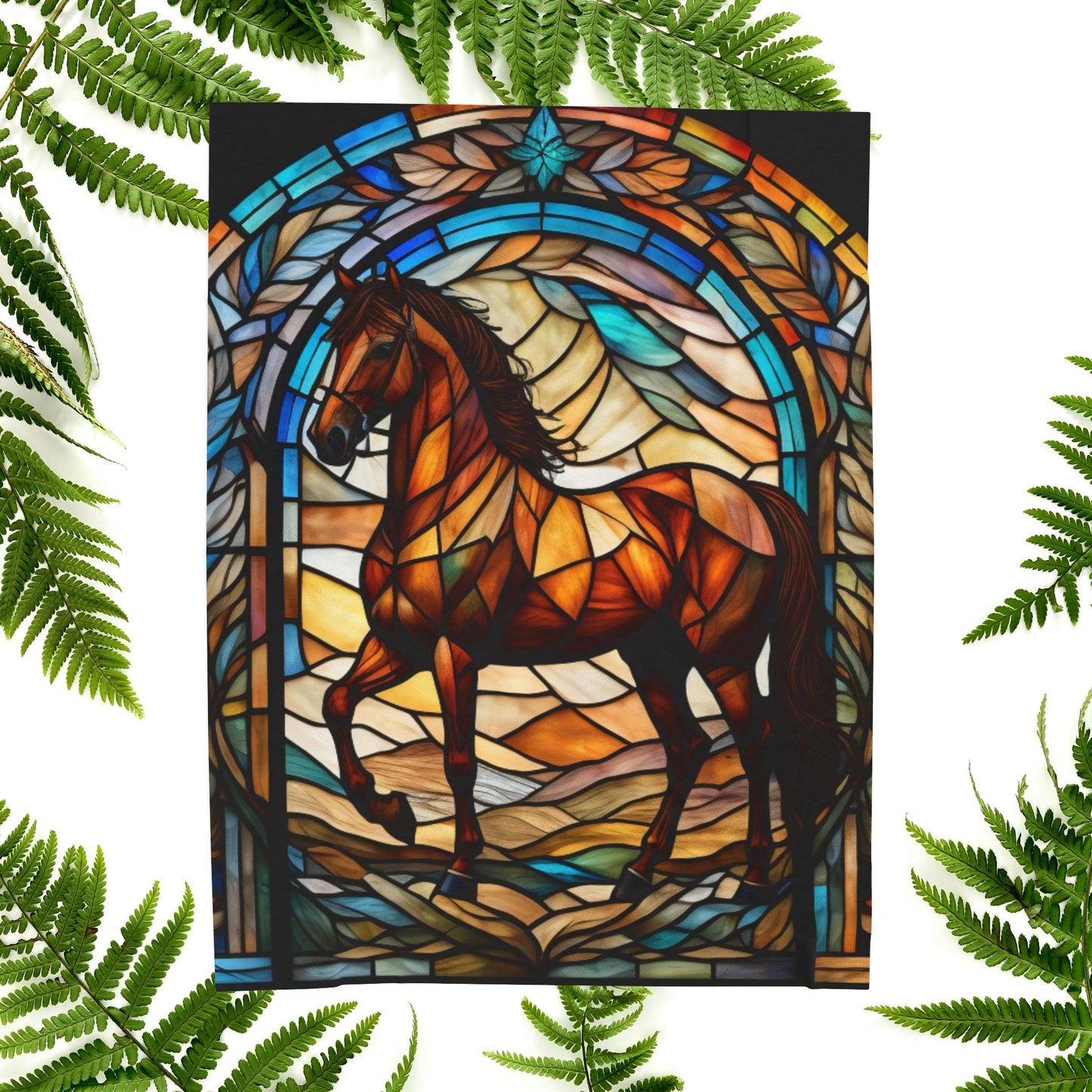 A peaceful horse blanket designed with stained glass art for relaxation and mindfulness.
