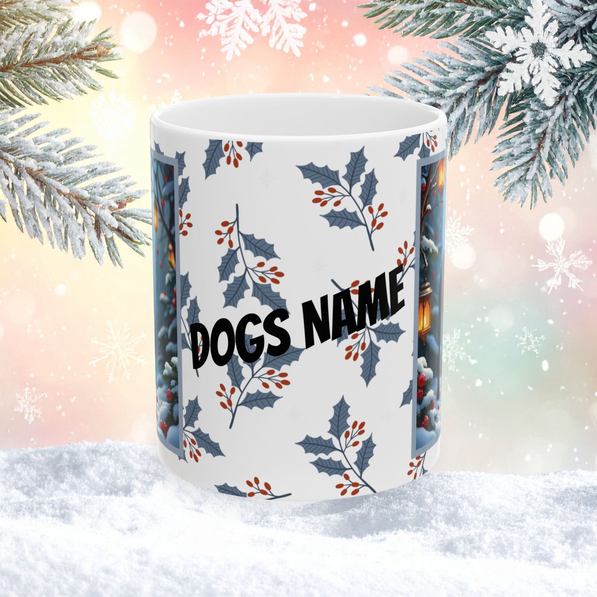 Doberman (Blue & Rust) Winter Mug - blue and rust Doberman artwork standing in a cozy winter setting with snow-covered trees