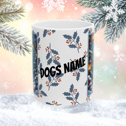 Doberman (Blue & Rust) Winter Mug - blue and rust Doberman artwork standing in a cozy winter setting with snow-covered trees