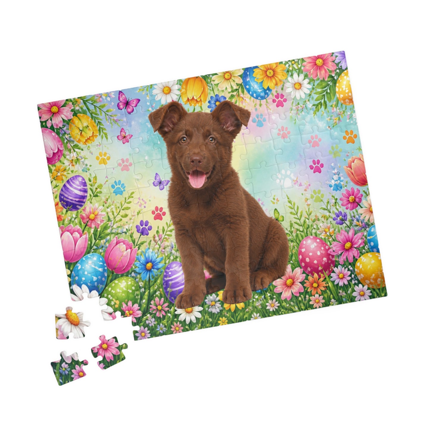 German Shepherd (Solid Liver) Easter Puppy Puzzle - Spring Garden with Eggs, Tulips, and Daisies