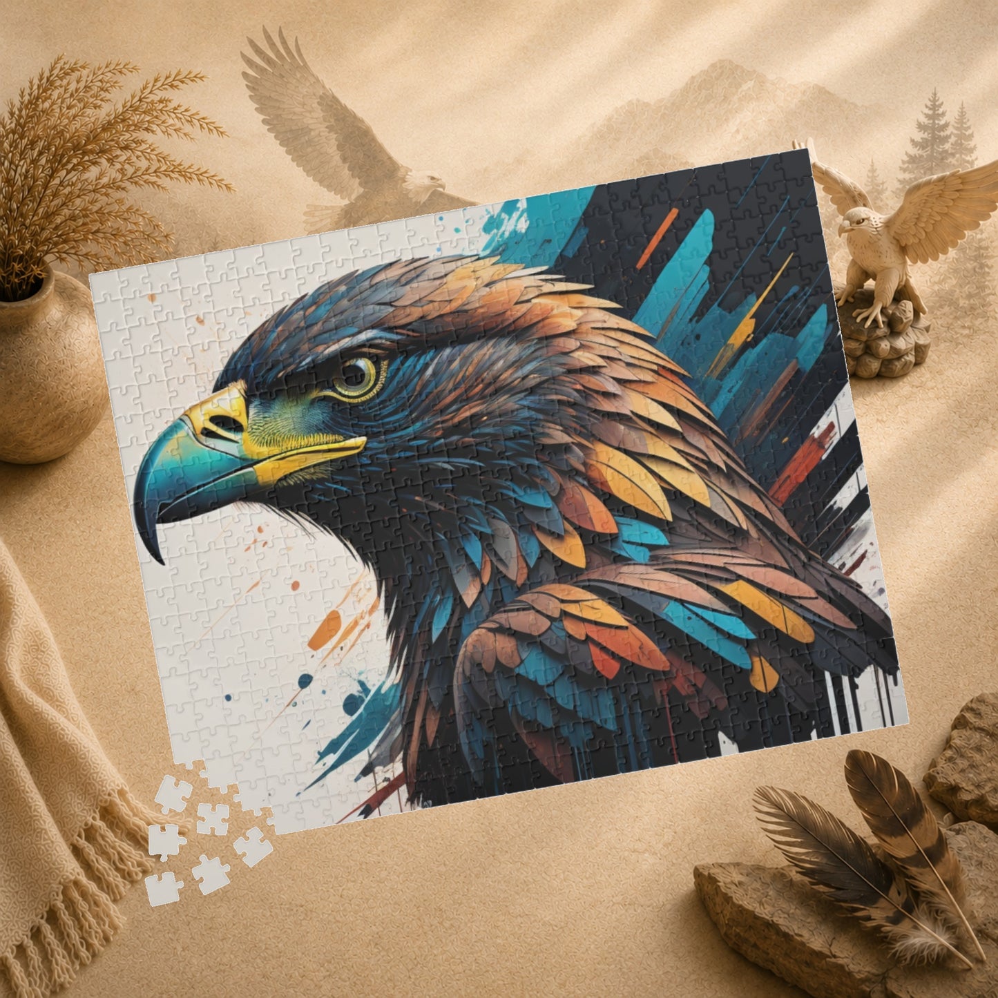 Eagle's Strength - Graffiti-Style Eagle Portrait Puzzle with Bold Brushstrokes in Teal and Orange