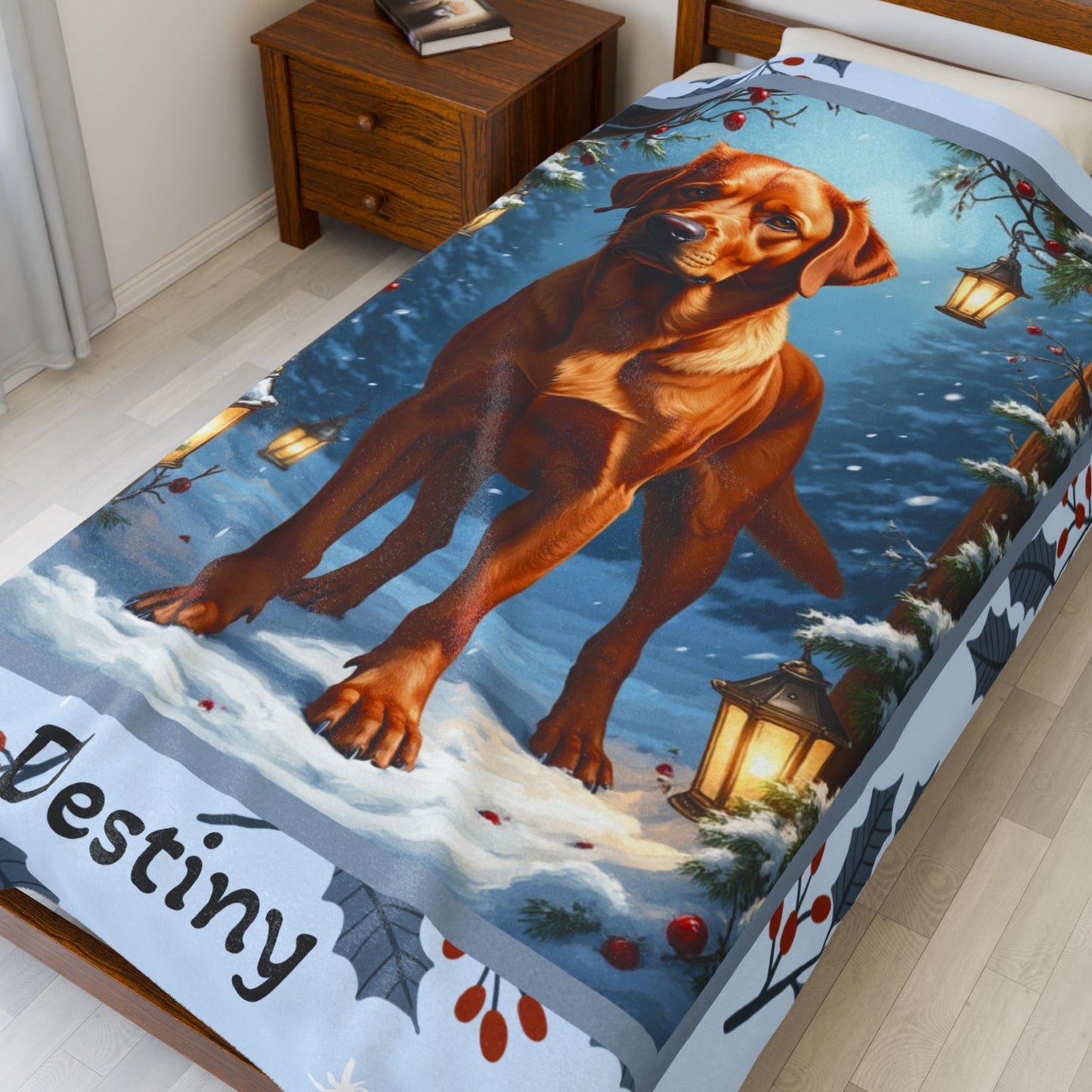 Labrador Retriever Fox Red custom winter blanket featuring a fox red Lab in a glowing winter lodge illustration