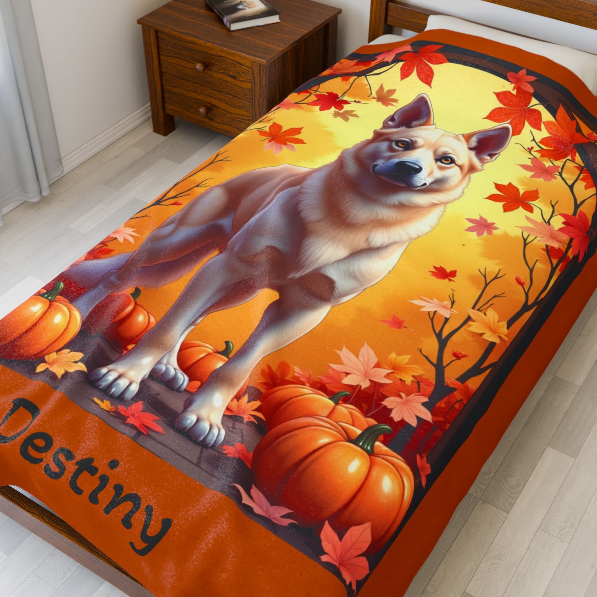 German Shepherd (Cream) Plush Velveteen Blanket - Custom plush dog throw, gift for GSD fans