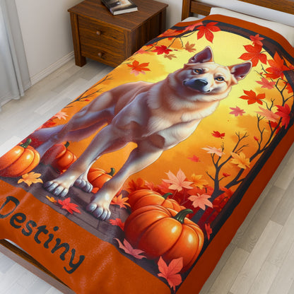 German Shepherd (Cream) Plush Velveteen Blanket - Custom plush dog throw, gift for GSD fans