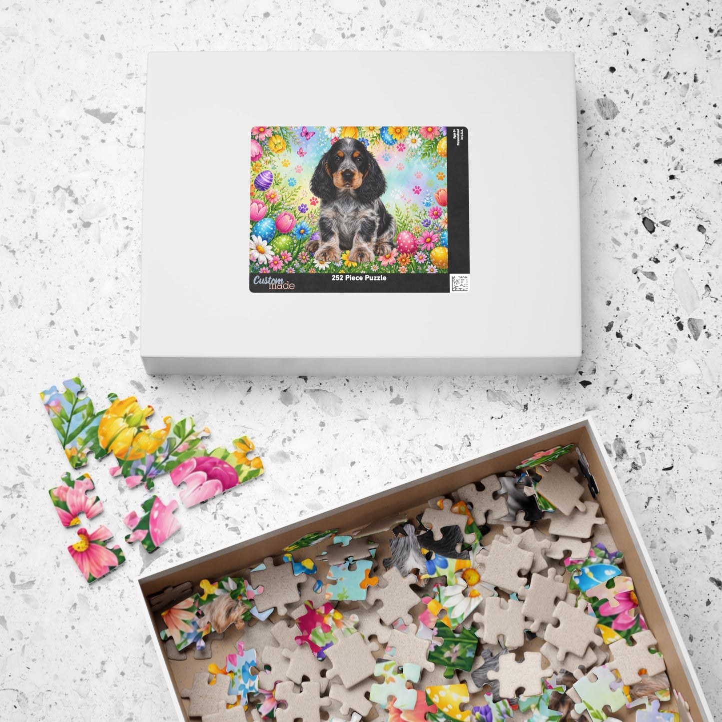 American Cocker Spaniel (Blue Roan) Easter Puppy Puzzle - Spring Garden with Eggs, Tulips, and Daisies