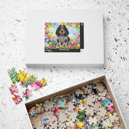 American Cocker Spaniel (Blue Roan) Easter Puppy Puzzle - Spring Garden with Eggs, Tulips, and Daisies