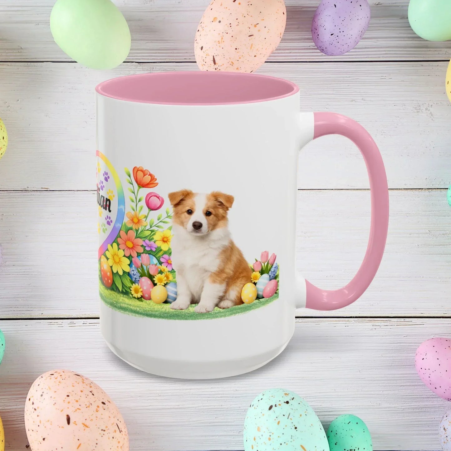 Shop our border collie gold puppy easter mug featuring the 15oz style option from MySisterIsASurvivor.