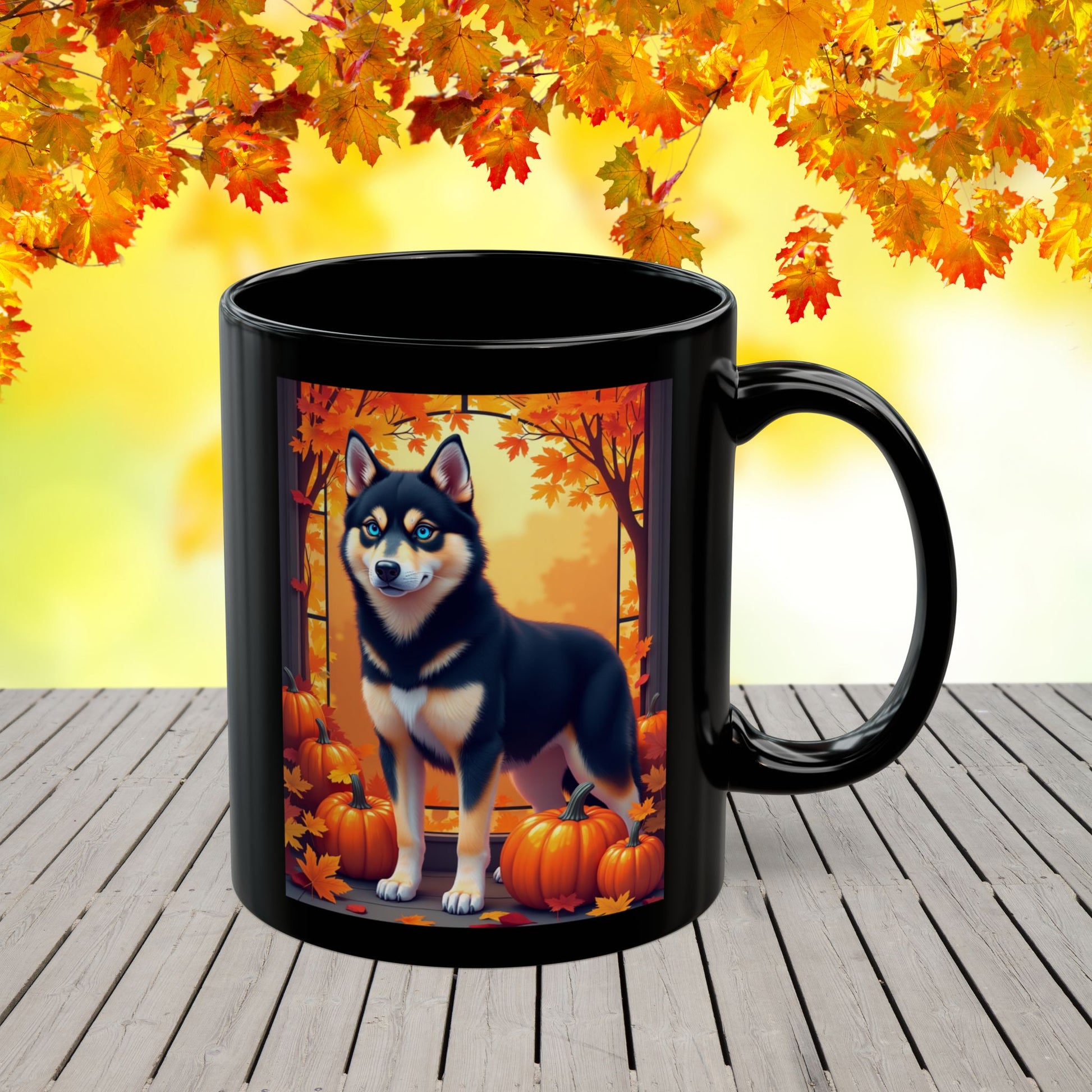 Black & Tan Husky (Blue Eyes) fall coffee mug, custom Husky lover gift for home, office, or seasonal drinks