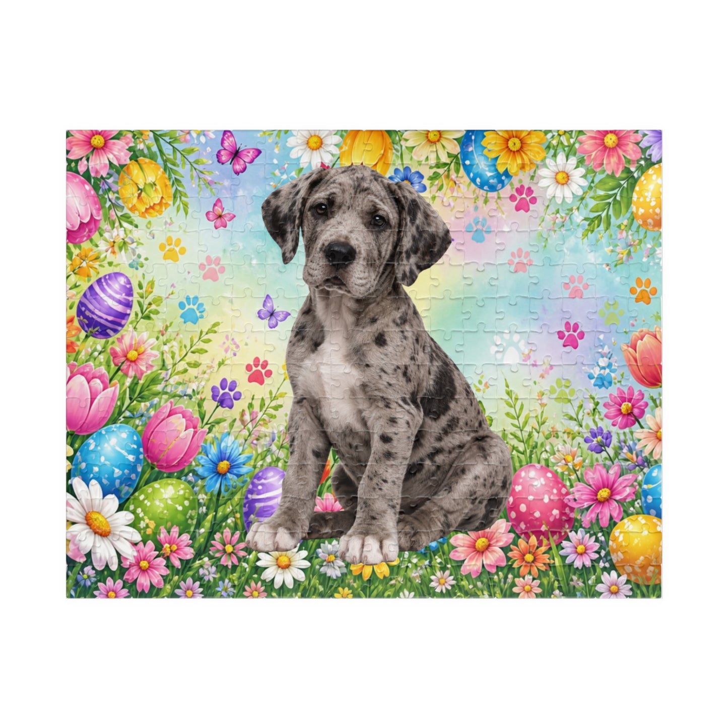 Great Dane (Merle) Easter Puppy Puzzle - Spring Garden with Eggs, Tulips, and Daisies