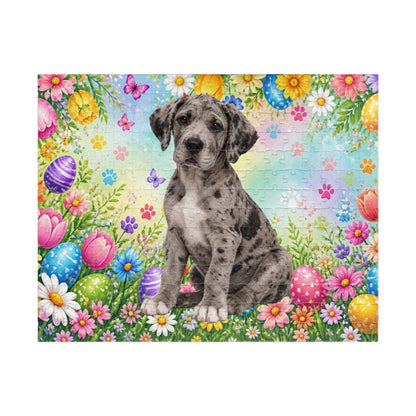 Great Dane (Merle) Easter Puppy Puzzle - Spring Garden with Eggs, Tulips, and Daisies