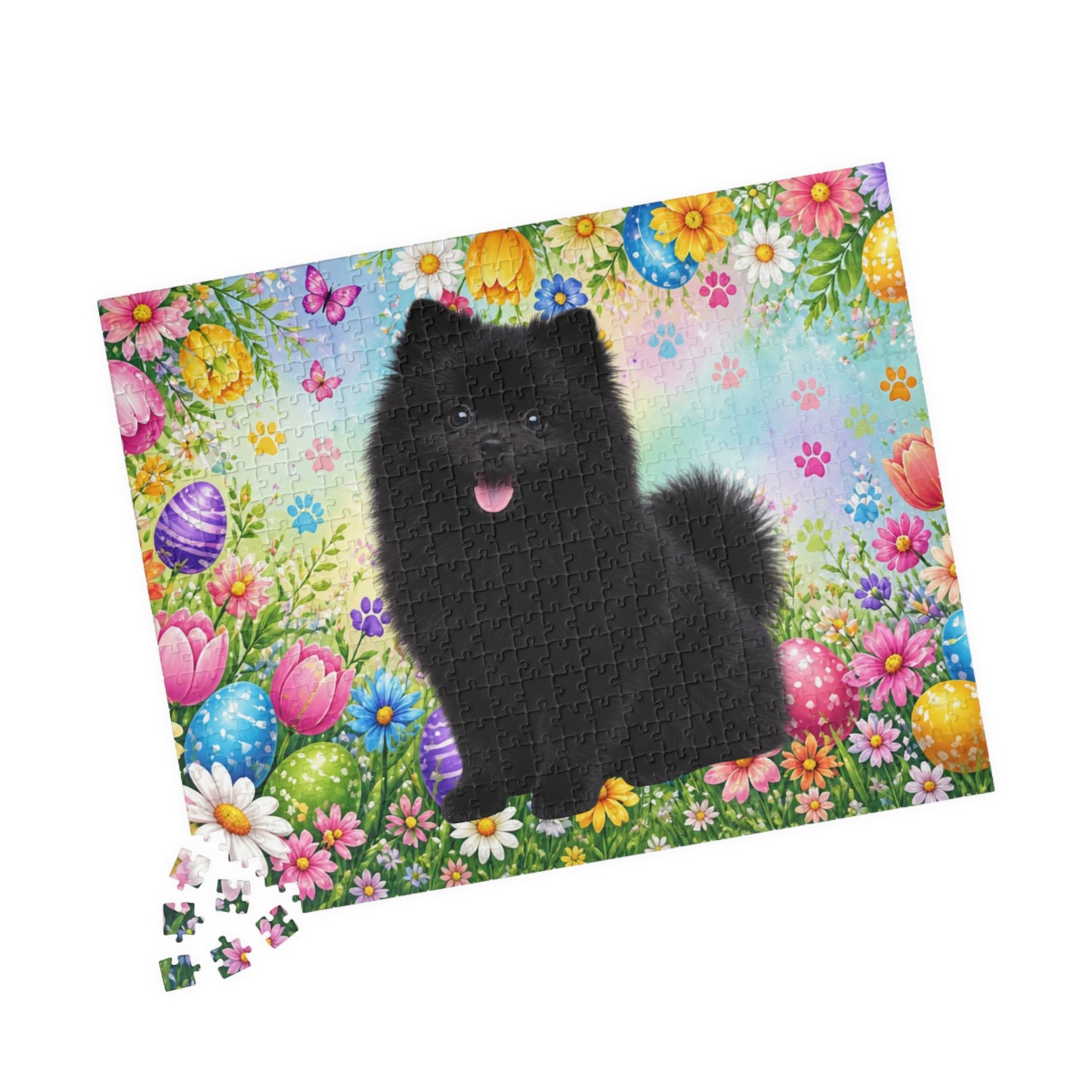 Pomeranian (Black) Easter Puppy Puzzle - Spring Garden with Eggs, Tulips, and Daisies