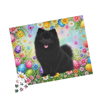 Pomeranian (Black) Easter Puppy Puzzle - Spring Garden with Eggs, Tulips, and Daisies