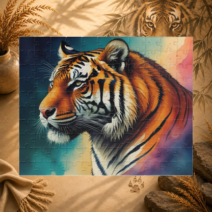 Jigsaw puzzle with a tiger design on a colorful background