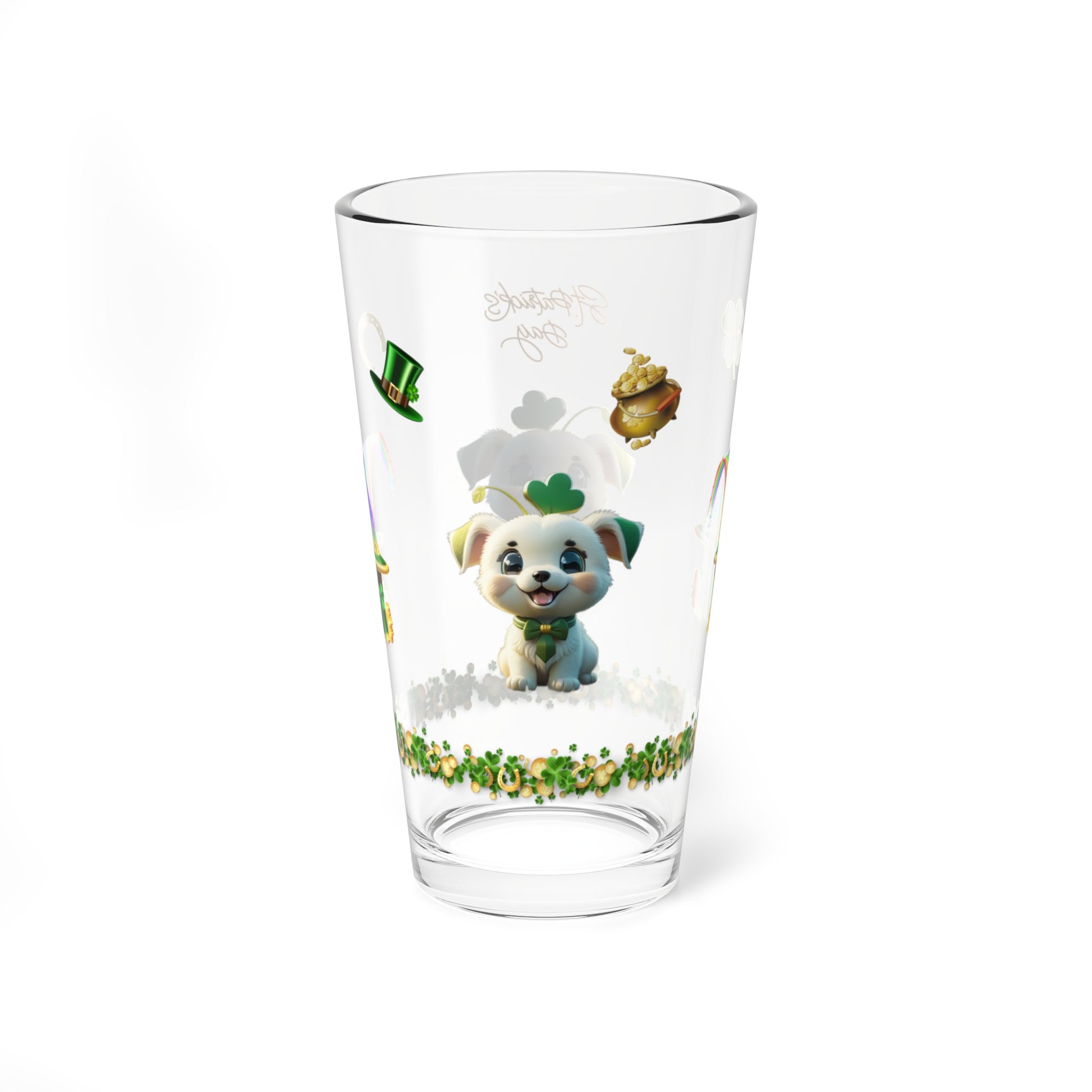 Gaelic Gratitude Puppy: Mindful St. Patrick's Day 16oz Pint Glasses - Festive Design for Positivity & Wellness
