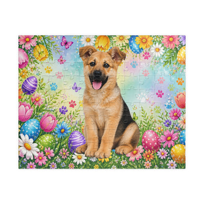 German Shepherd (Black & Tan) Easter Puppy Puzzle - Tulips, Easter Eggs, and Butterflies