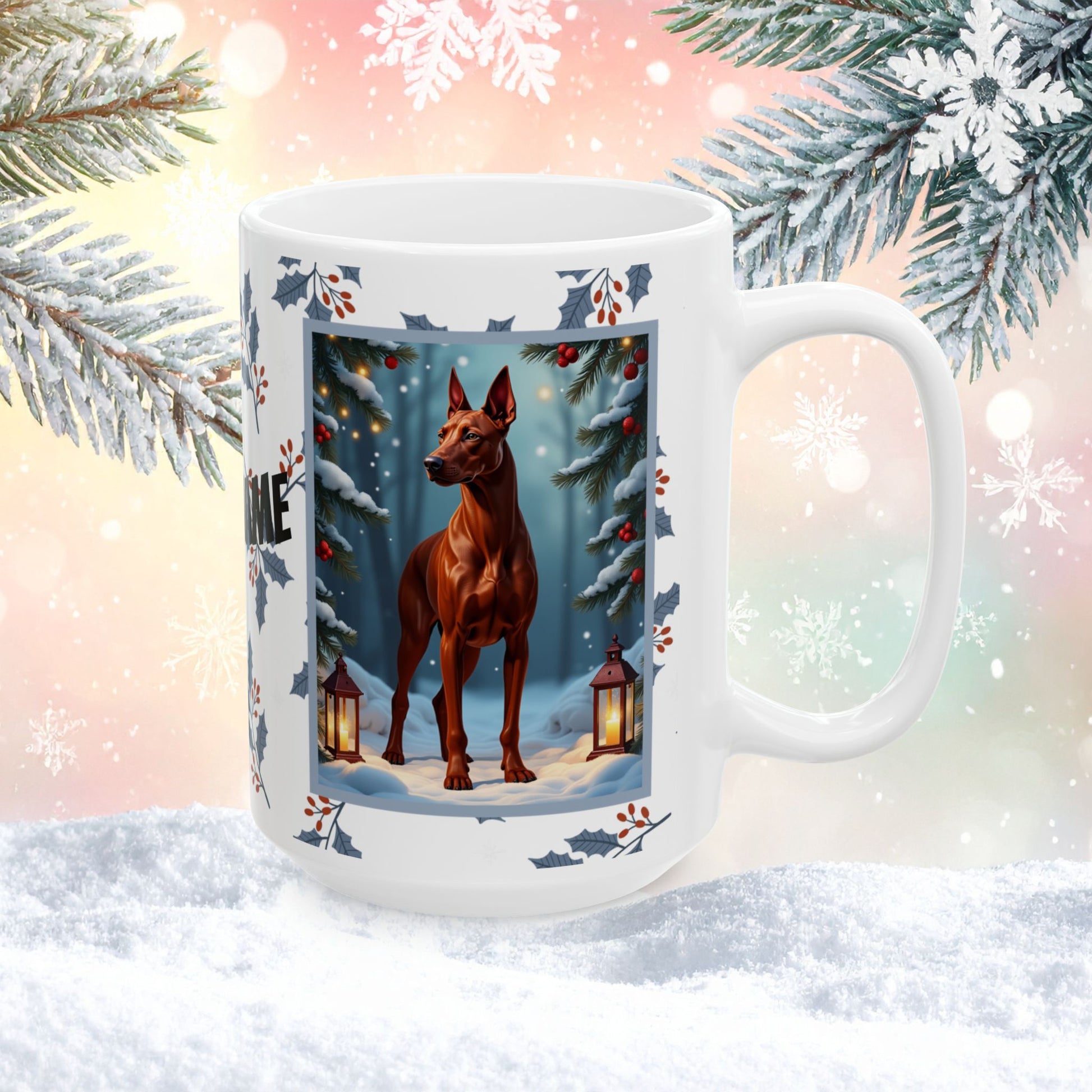Doberman (Red) Winter Mug - red Doberman illustrated standing calmly in a serene winter scene with snowy background