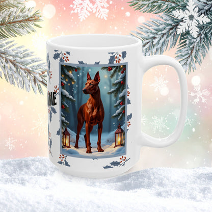 Doberman (Red) Winter Mug - red Doberman illustrated standing calmly in a serene winter scene with snowy background