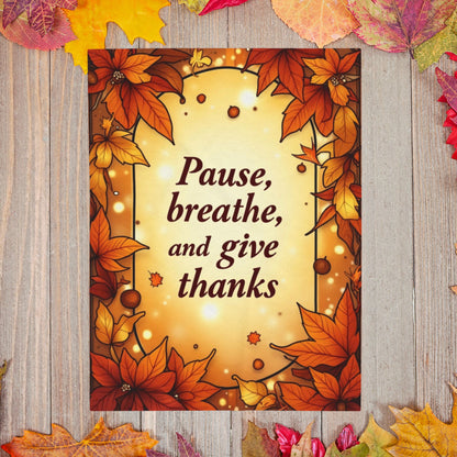 Thanksgiving mindfulness blanket with “Pause, Breathe, and Give Thanks,” cozy calming fall design.