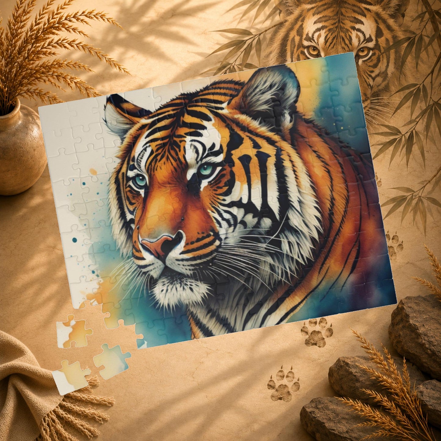 Thrive with the Tiger - Watercolor Tiger Puzzle with Teal Eyes and Warm Amber Washes on White