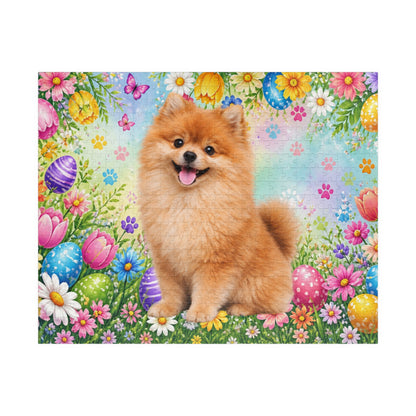 Pomeranian (Orange Sable) Easter Puppy Puzzle - Spring Garden with Eggs, Tulips, and Daisies