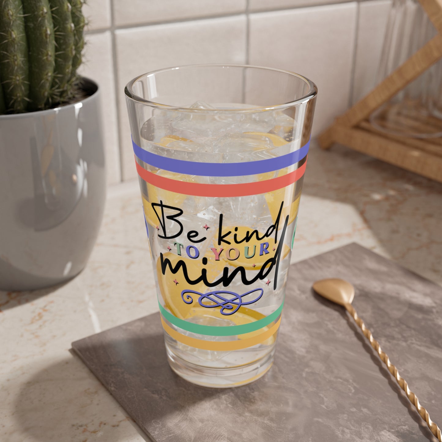 Be Kind To Your Mind Retro Pint Glass - 16oz Mental Health Drinkware, Clear Glass for Beverages