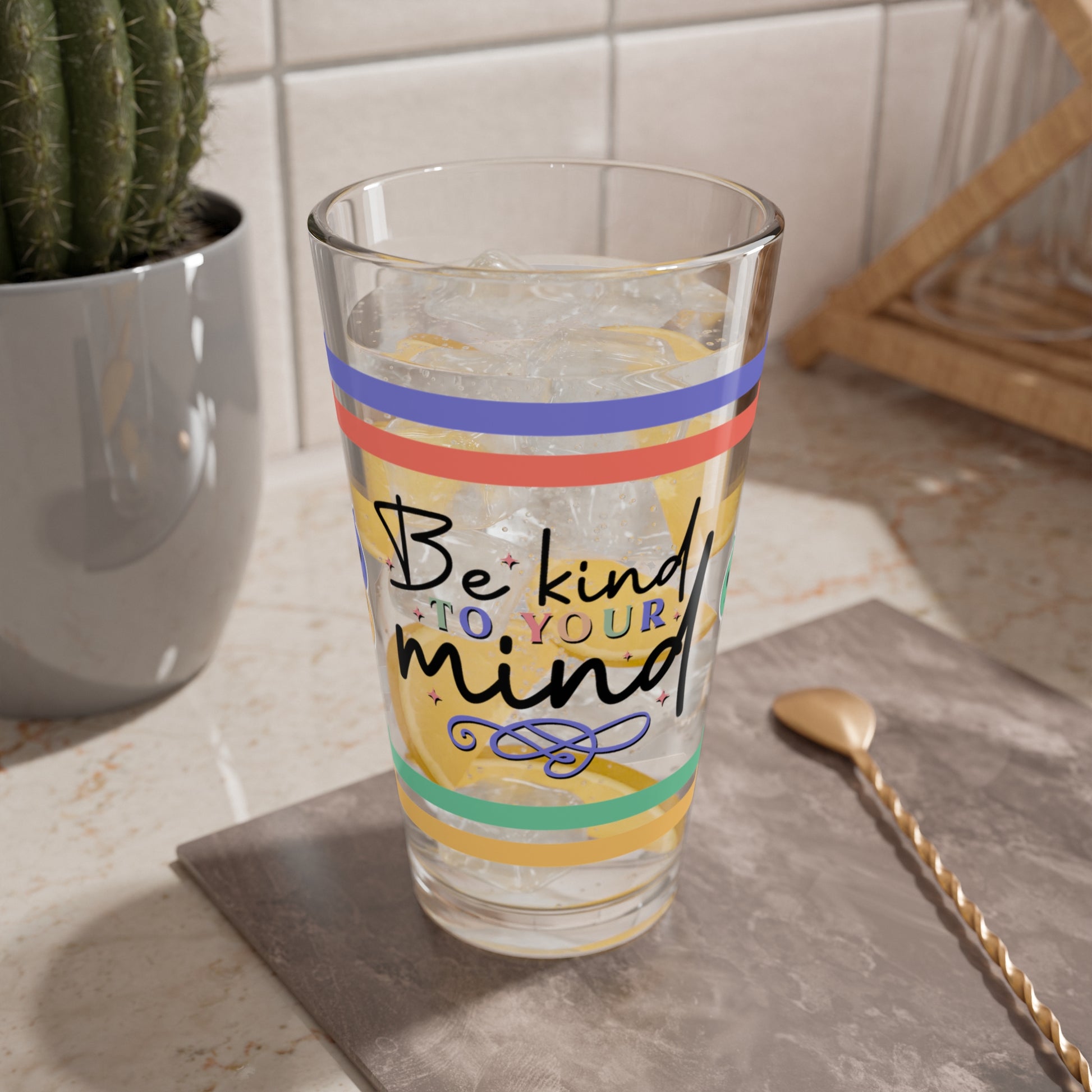Be Kind To Your Mind Retro Pint Glass - 16oz Mental Health Drinkware, Clear Glass for Beverages