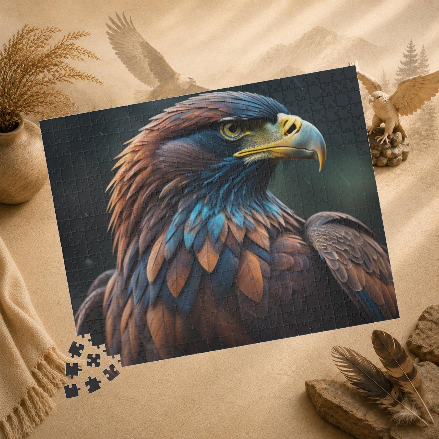 Feathers of Resilience - Close-Up Eagle Portrait Puzzle with Warm Brown and Teal Feathers on Green Bokeh