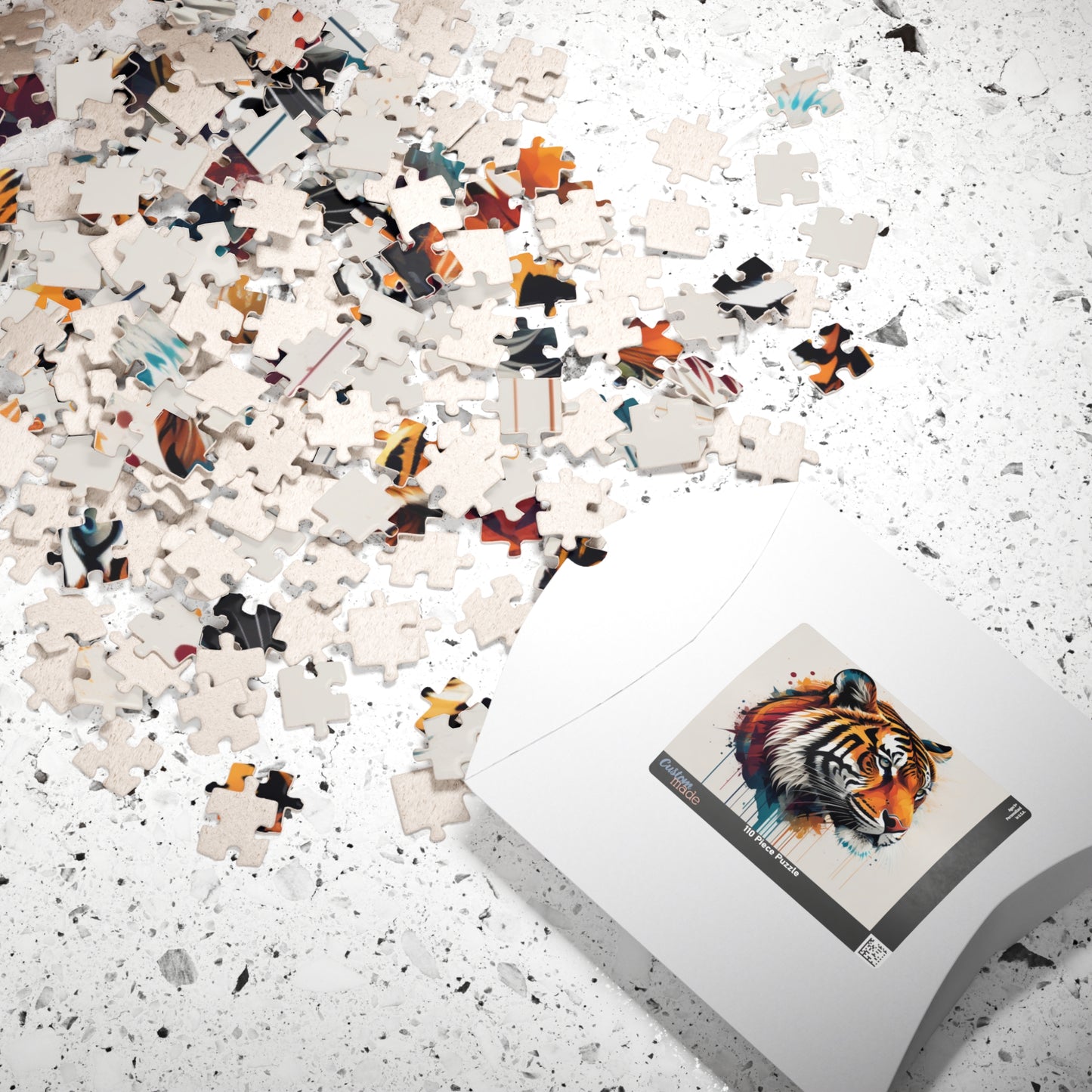 The Tiger Within - Vivid Tiger Portrait Puzzle with Multicolor Paint Splatters on White