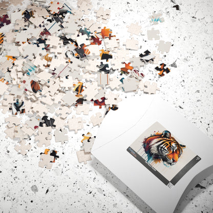 The Tiger Within - Vivid Tiger Portrait Puzzle with Multicolor Paint Splatters on White
