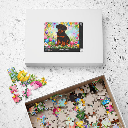 Rottweiler (Black & Rust) Easter Puppy Puzzle - Spring Garden with Eggs, Tulips, and Daisies