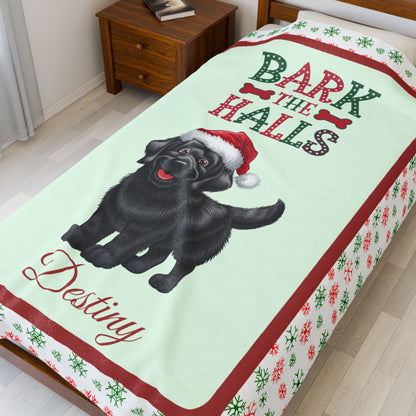 Labrador Retriever (Black) personalized velveteen blanket, cozy Bark The Halls holiday dog throw