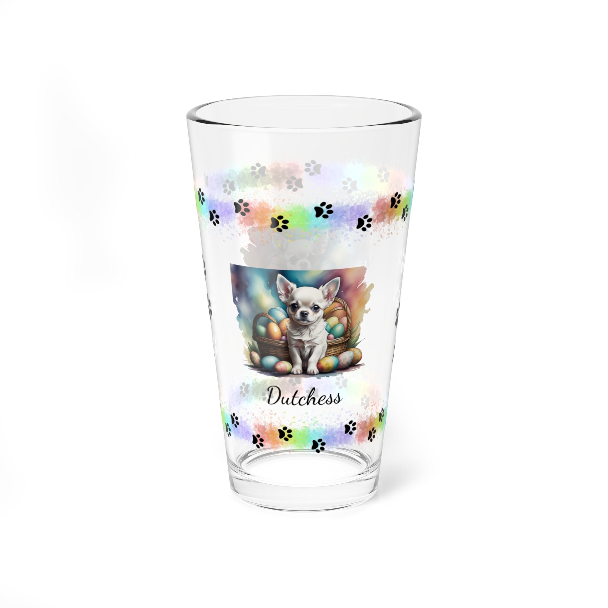 Chihuahua (White) Personalized Easter Puppy 16oz Pint Glass - Custom Dog Design, Mental Health Gift, Easter Décor, and Festive Celebrations