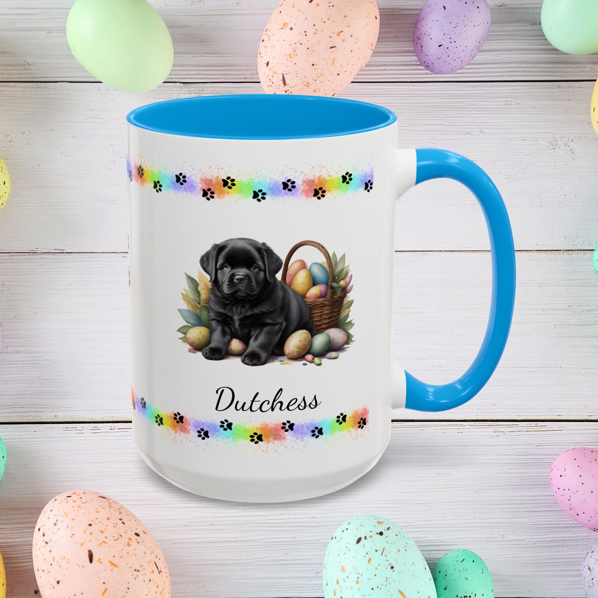 Newfoundland (Black): Personalized Easter Puppy Coffee Mug - Adorable Dog Design, Mental Health Gift, 11oz & 15oz, 12 Color Choices, Easter Gifts & Décor