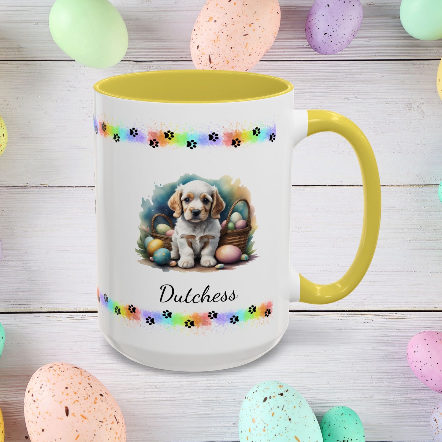 Cocker Spaniel (Orange & White): Personalized Easter Puppy Coffee Mug - Adorable Dog Design, Mental Health Gift, 11oz & 15oz, 12 Color Choices, Easter Gifts & Décor