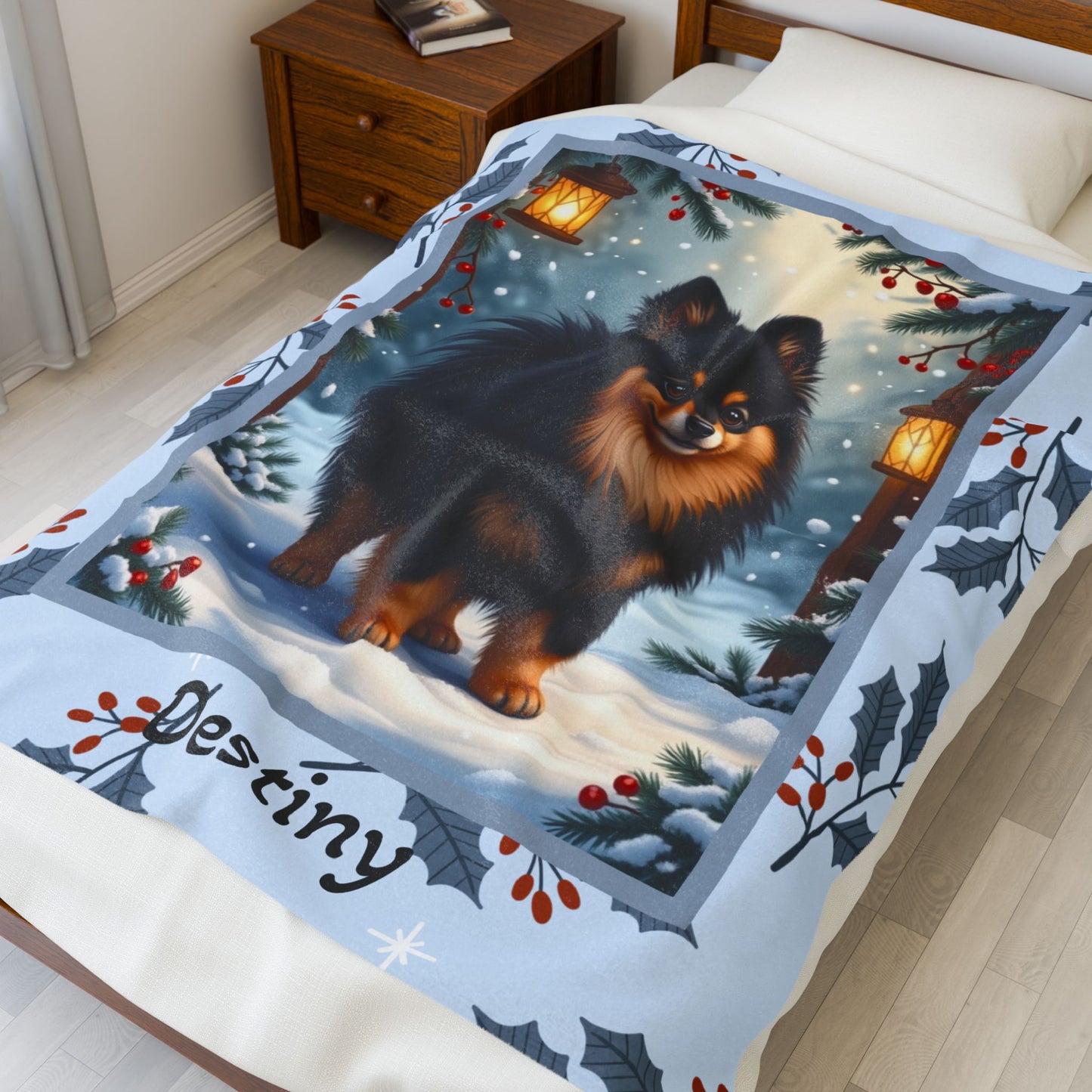 Pomeranian Black and Tan custom winter blanket featuring a fluffy Pom in a cozy illustrated lodge setting