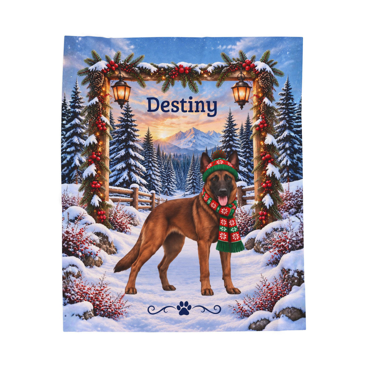 Belgian Malinois (Red Sable Coat) - Custom Name Dog Blanket, Winter Cabin Throw for Mali Owners