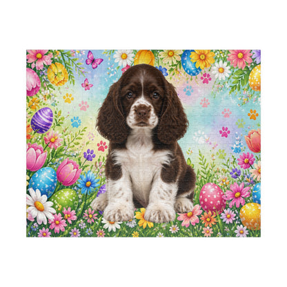 American Cocker Spaniel (Liver & White) Easter Puppy Puzzle - Spring Garden with Eggs, Tulips, and Daisies