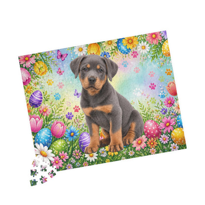Rottweiler (Blue) Easter Puppy Puzzle - Spring Garden with Eggs, Tulips, and Butterflies