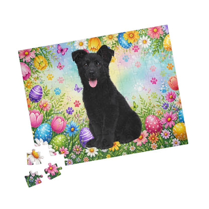 German Shepherd (Black) Easter Puppy Puzzle - Bold Spring Garden with Eggs and Blooms