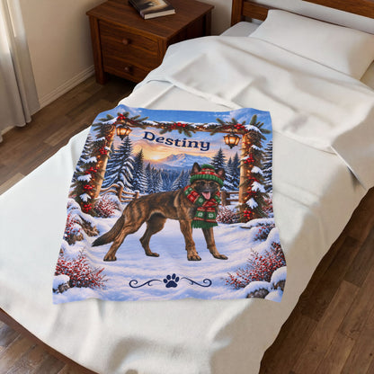 Belgian Malinois (Brindle Coat) - Personalized Dog Name Blanket, Woodland Winter Throw for Mali Fans