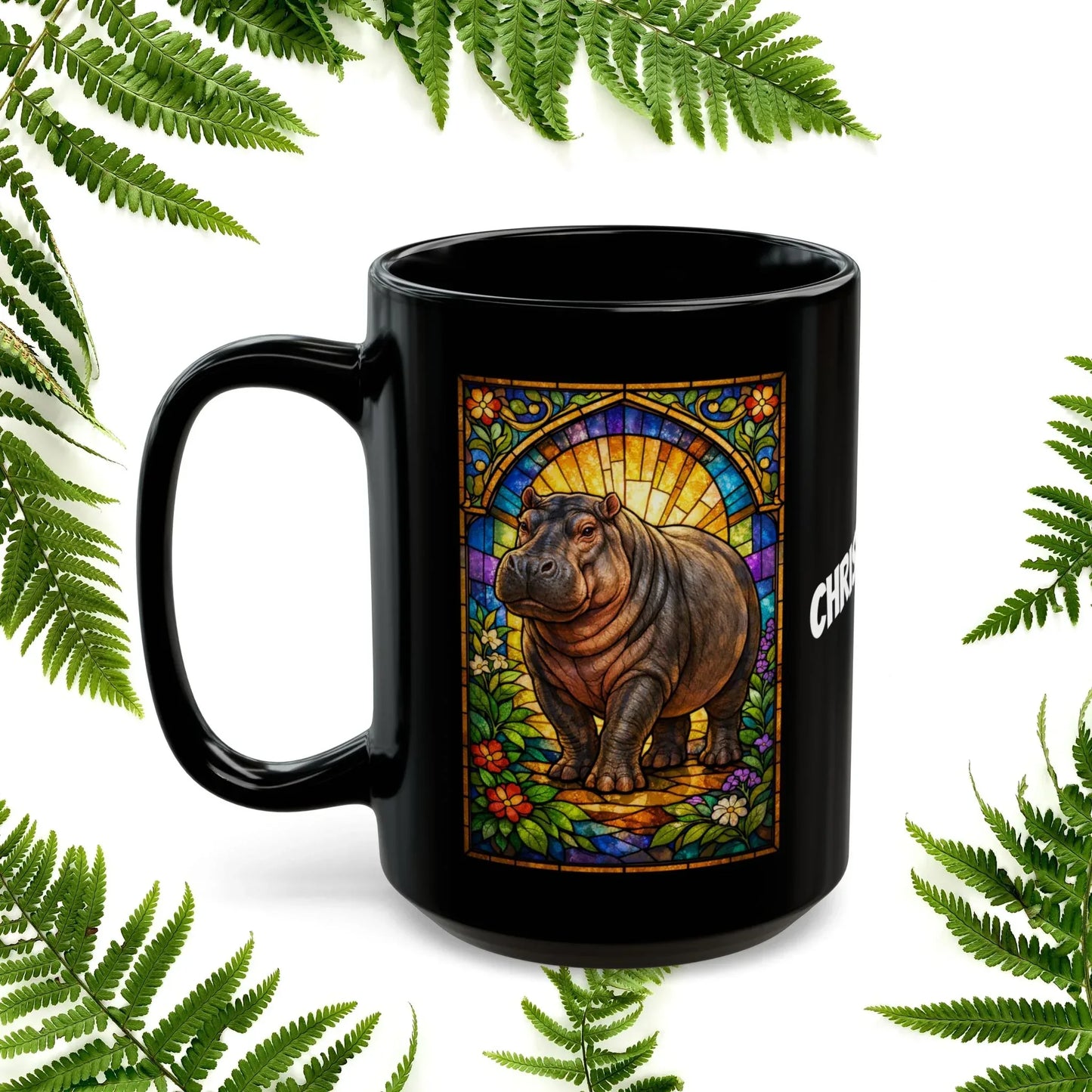 Shop our premium hippopotamus stained glass style black mug from MySisterIsASurvivor.