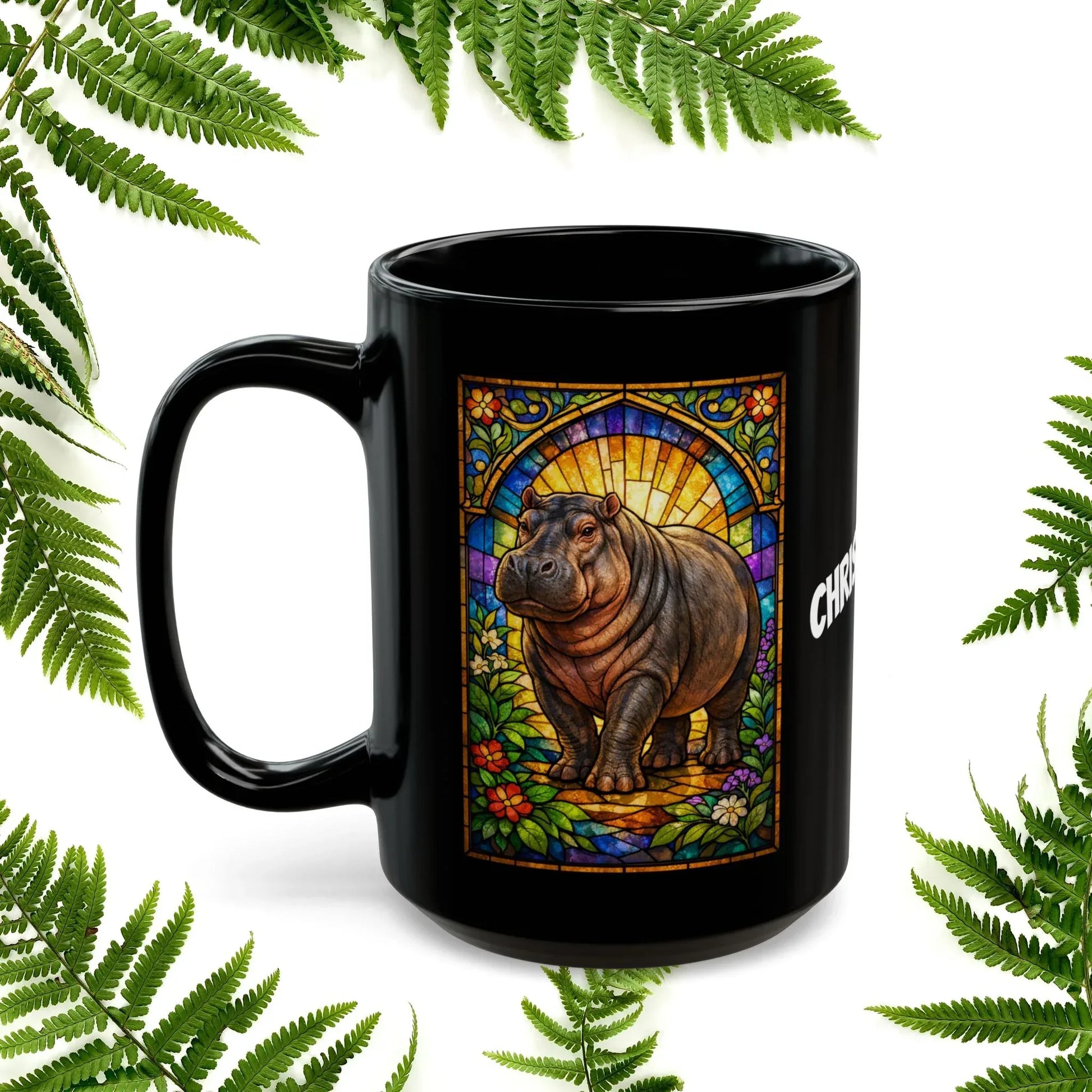 Shop our premium hippopotamus stained glass style black mug from MySisterIsASurvivor.